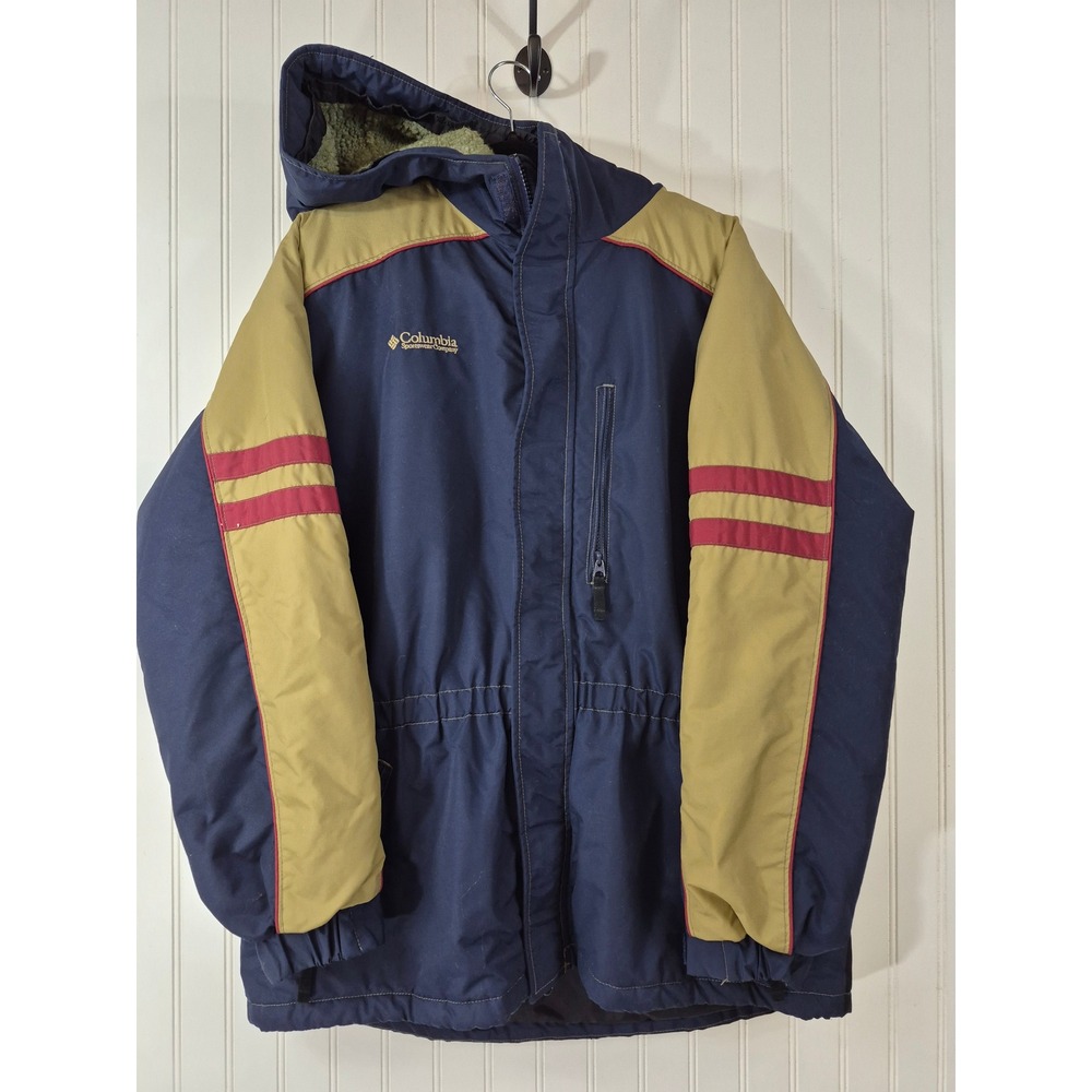 Vintage Columbia Hooded Parka Sherpa Lined Jacket Navy Tan Youth XL Winter Ski